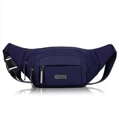 Navy waist crossbody bag with front zip pocket and adjustable strap