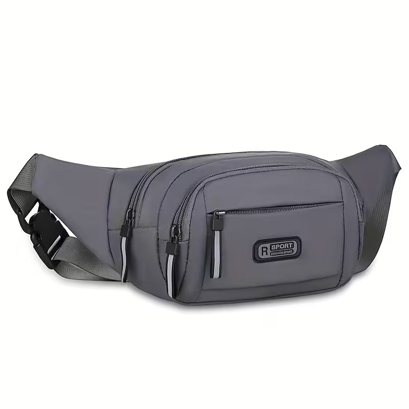 Gray waist crossbody bag with front zip pocket and adjustable strap