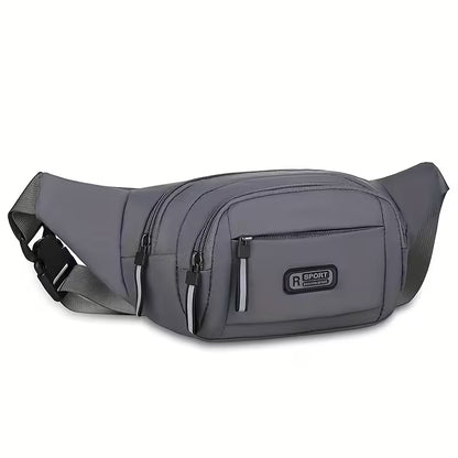 Gray waist crossbody bag with front zip pocket and adjustable strap