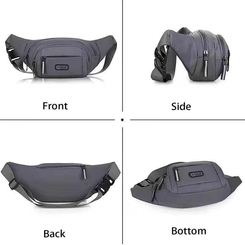 Gray waist crossbody bag shown front, side, back, and bottom views