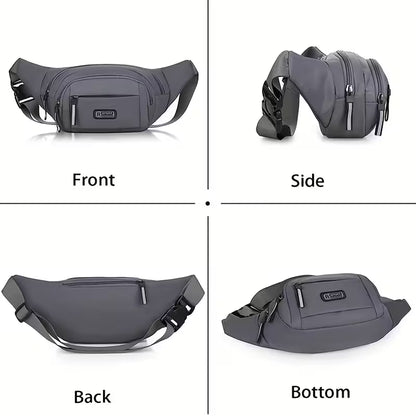 Gray waist crossbody bag shown front, side, back, and bottom views