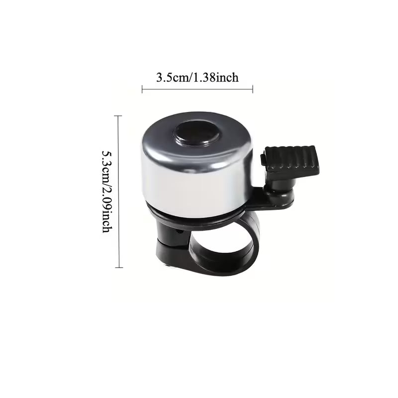 White and black bicycle handlebar bell with clamp mount, shown with size dimensions