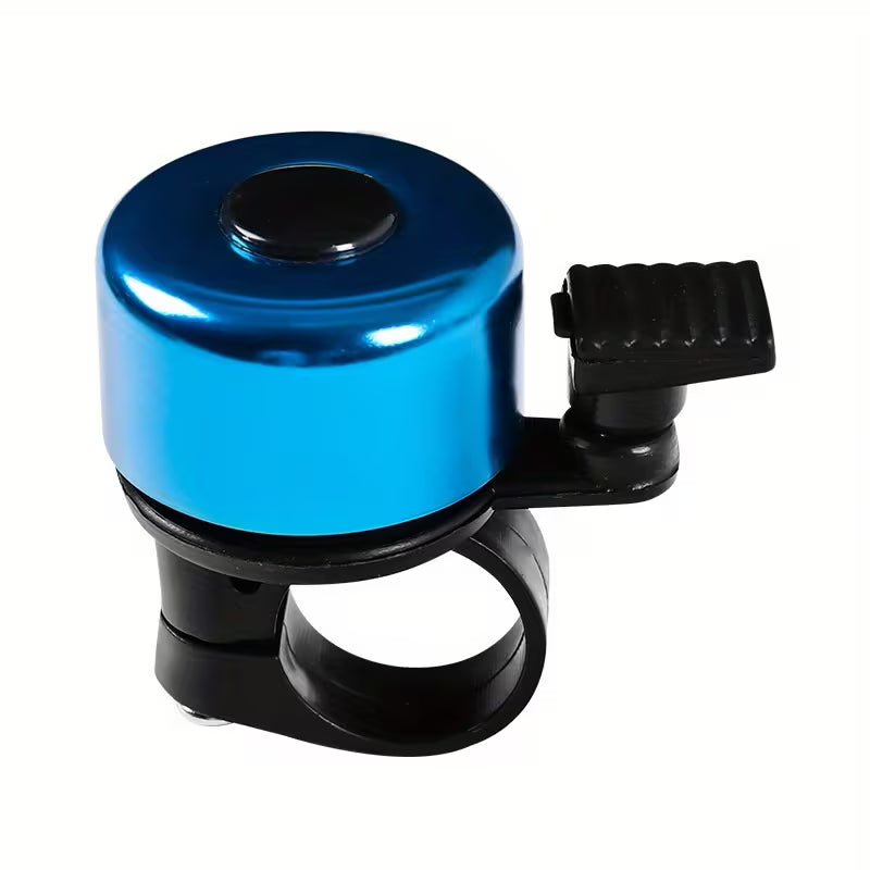 Blue bicycle handlebar bell with black mounting bracket and side ribbed actuator