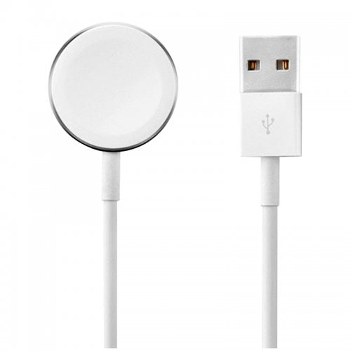 Magnetic charging dock cable with round puck and USB-A power connector, white