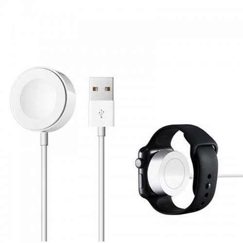 Apple Watch charging dock cable with round puck, USB-A connector, and black watch