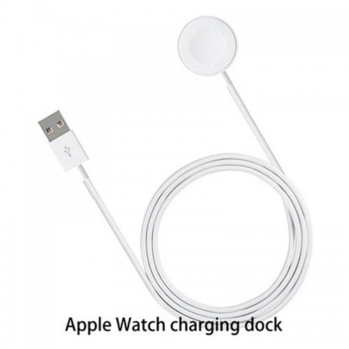 Coiled Apple Watch charging dock cable with USB-A plug and round magnetic puck