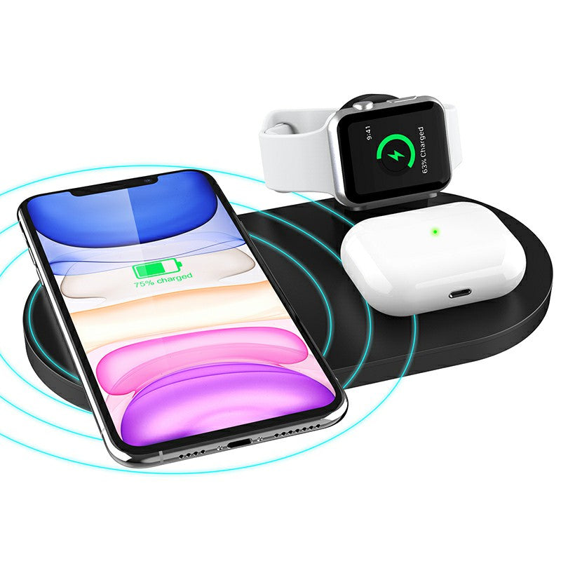 Black 3-in-1 wireless charger station with smartphone, earbuds pad, and smartwatch dock
