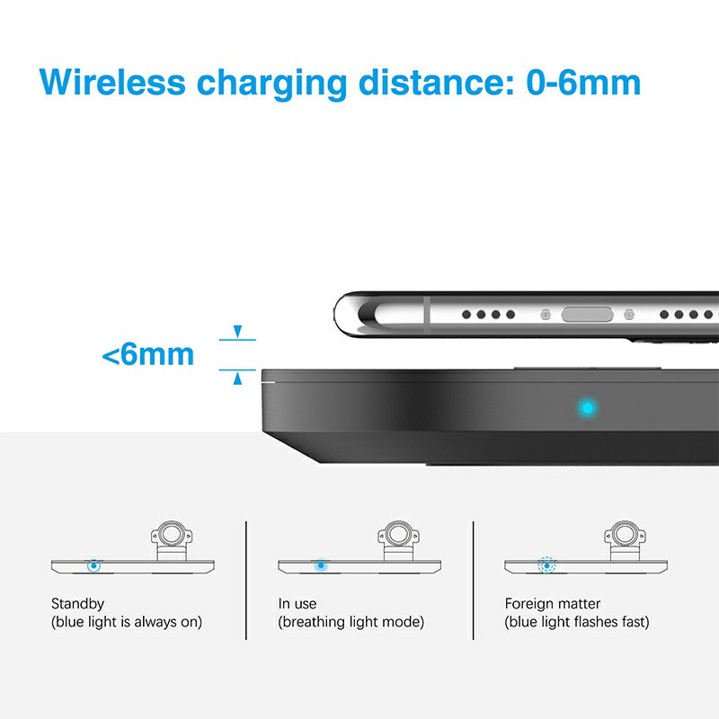 Wireless charging station base with slim profile and status LED indicator