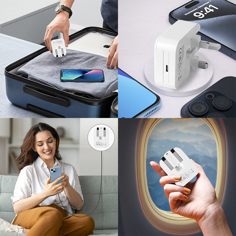 White foldable USB-C mains adapter held in hand with smartphone connection