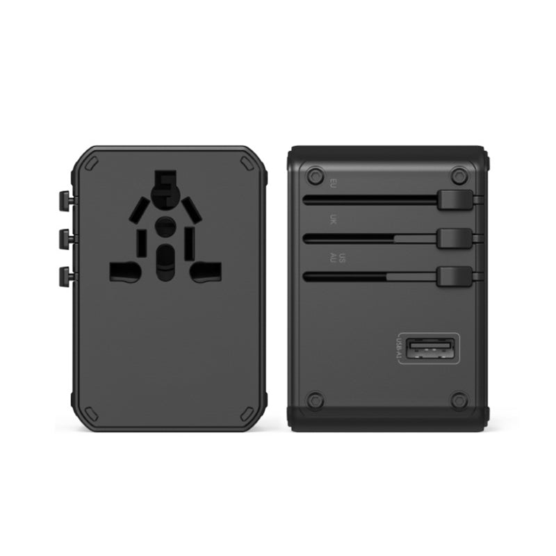 Black travel plug adapter front and back with multi-country prong panel