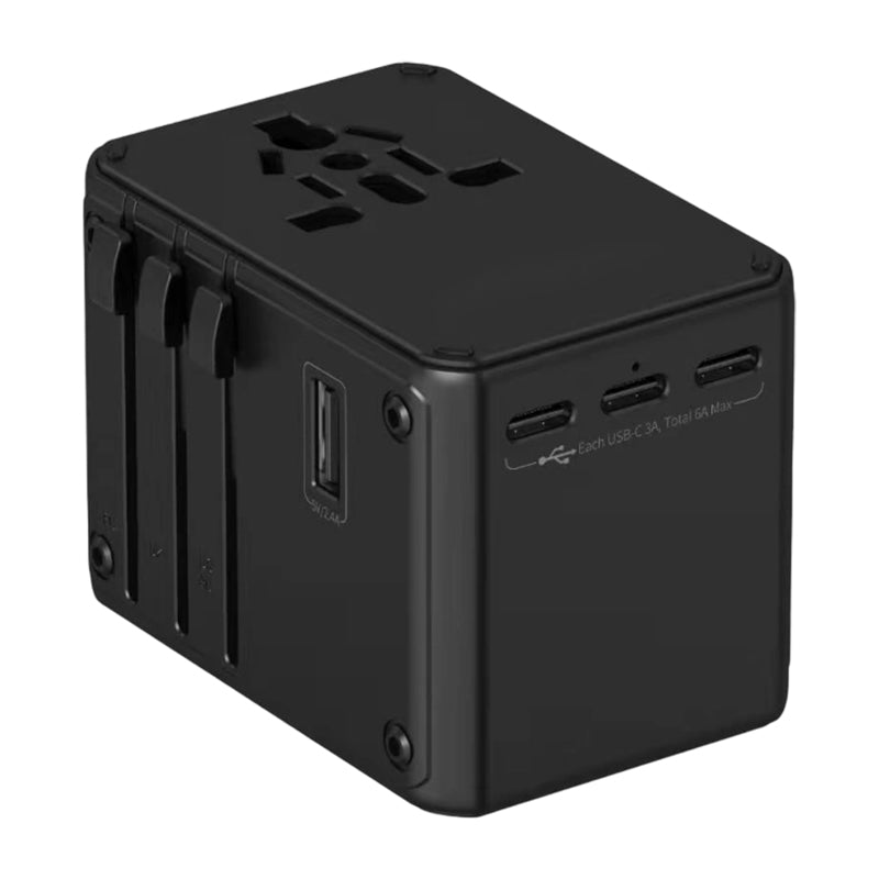 Black multi-port travel plug adapter with top prong layout and USB port openings