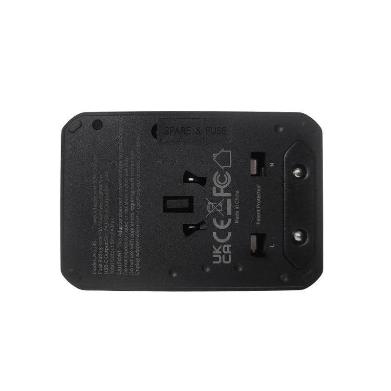 Black travel plug adapter back panel with spare & fuse and compliance markings