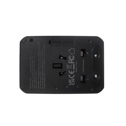 Black travel plug adapter back panel with spare & fuse and compliance markings