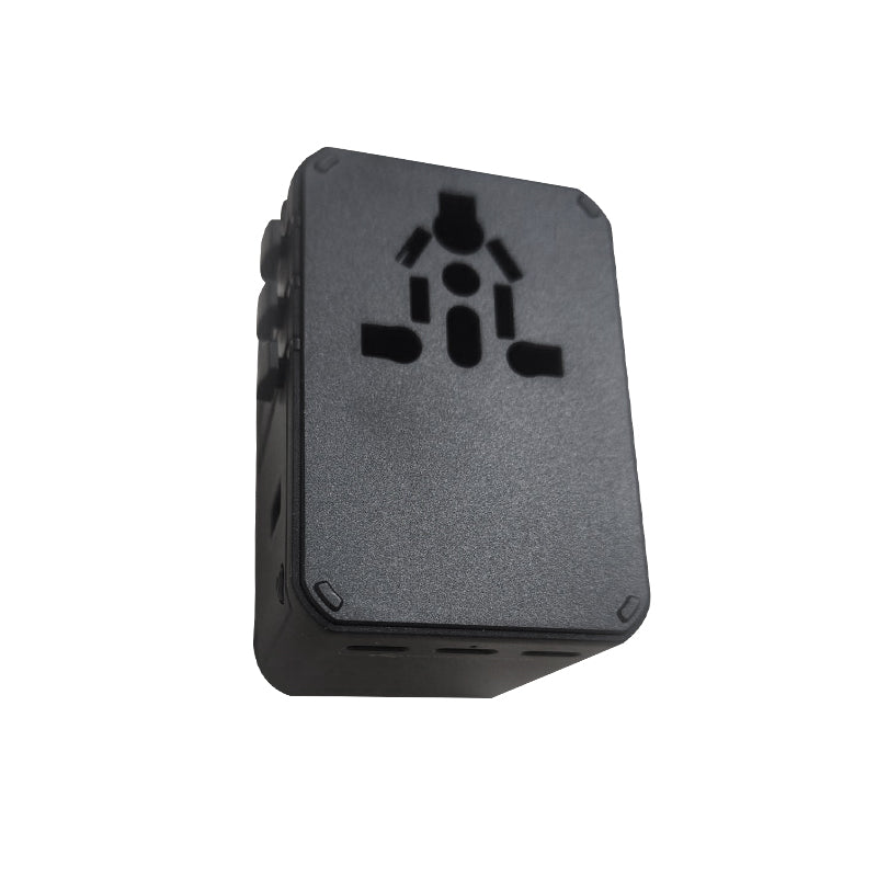 Black travel plug adapter side with three-prong outlet panel