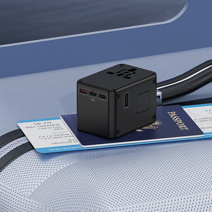 Black travel plug adapter showing USB-C and USB ports on the side