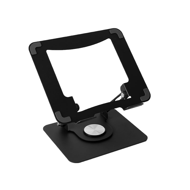 Black tablet stand with adjustable cradle, round knob, and flat base