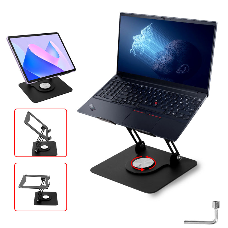 Black stand for laptop or tablet with circular swivel base and adjustable frame