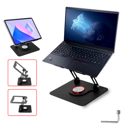 Black stand for laptop or tablet with circular swivel base and adjustable frame