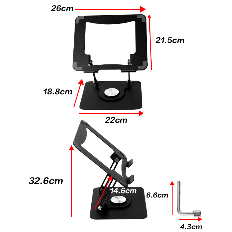 Black laptop and tablet stand size diagram with measurements and hex wrench