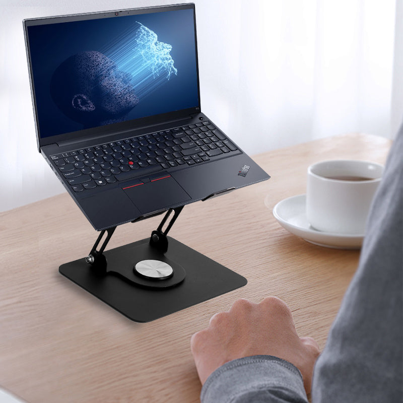 Black adjustable laptop stand riser with cradle and circular swivel base