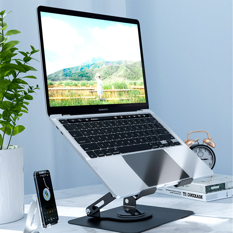 Black metal laptop and tablet stand riser with round base and support arms