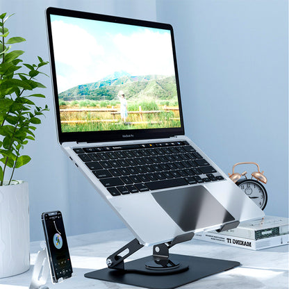 Black metal laptop and tablet stand riser with round base and support arms
