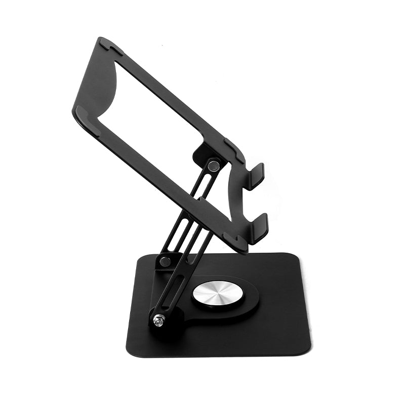 Black adjustable laptop and tablet stand with cradle frame and circular base knob