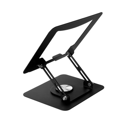 Black adjustable stand with long support frame and circular swivel base
