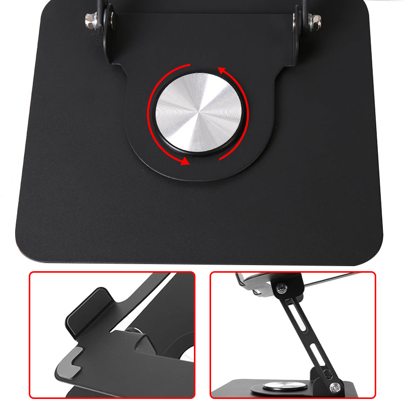 Black stand base with silver circular swivel knob detail and motion arrows