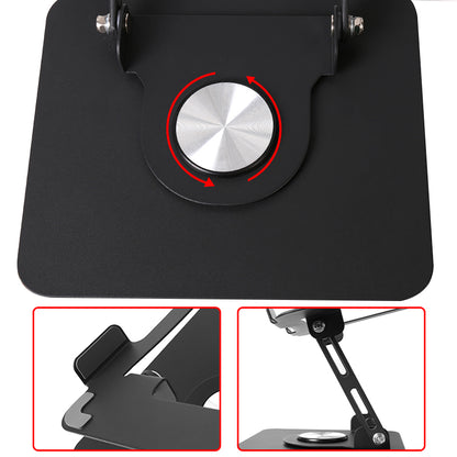 Black stand base with silver circular swivel knob detail and motion arrows