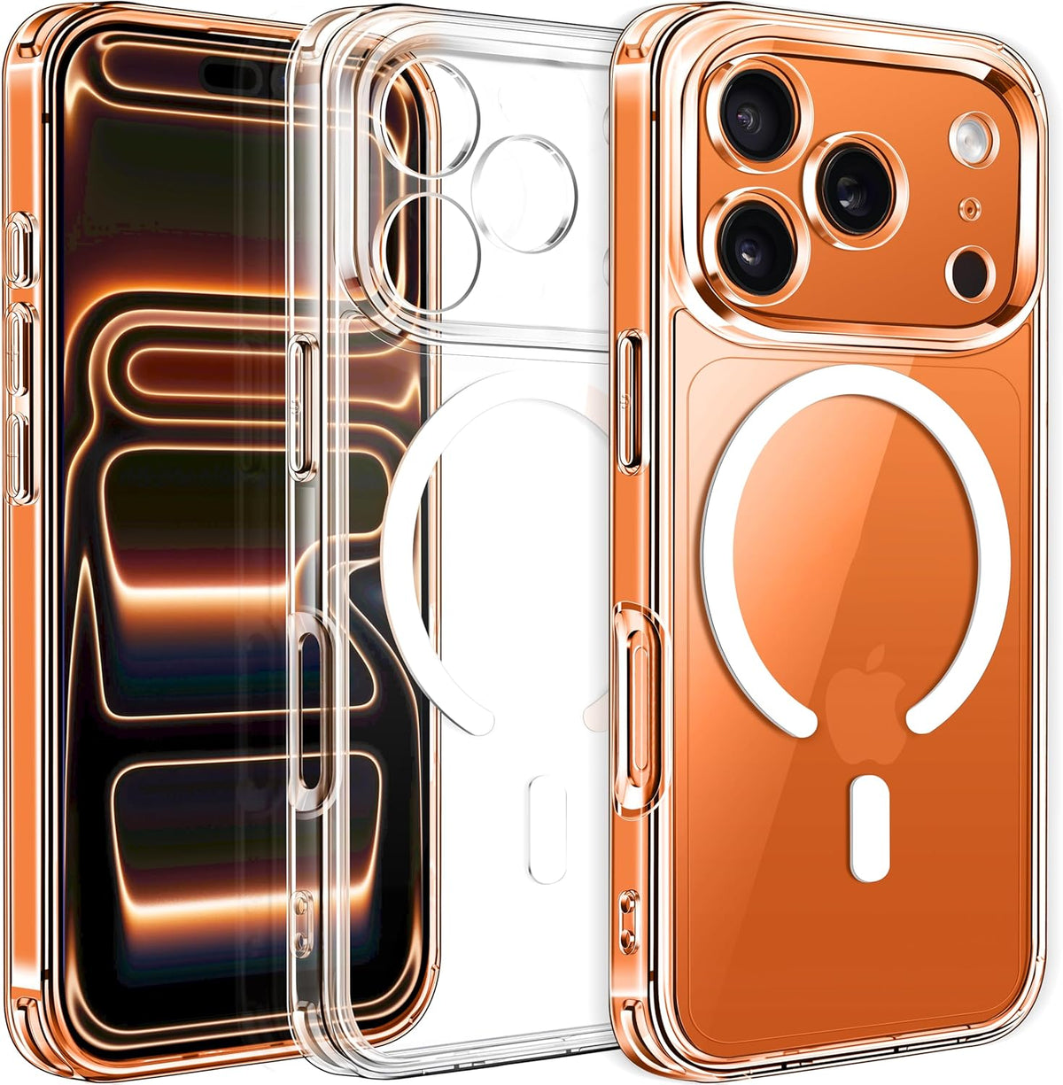 Clear magnetic phone case with MagSafe ring over orange back, dual camera cutouts