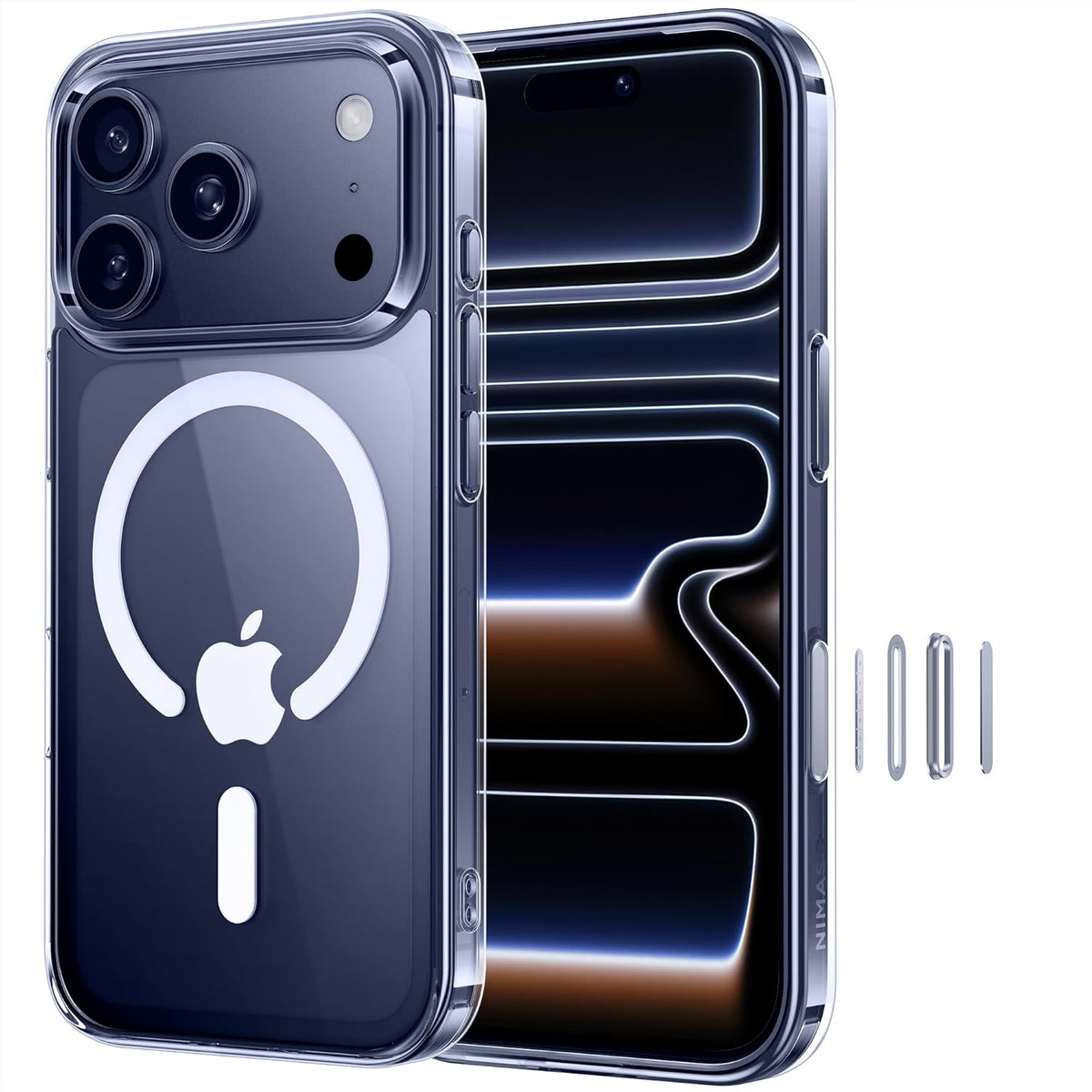 Clear magnetic phone case with MagSafe ring, raised edges, and triple camera cutouts