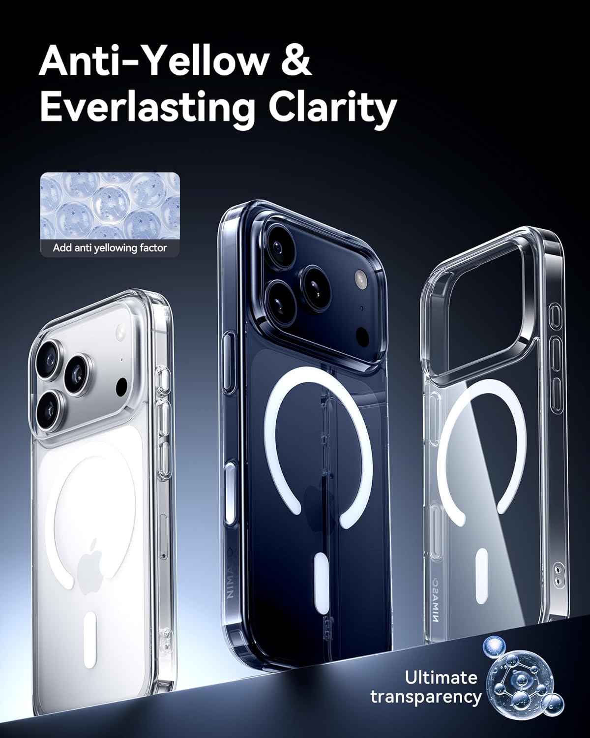Clear anti-yellowing magnetic phone case with MagSafe ring and camera openings