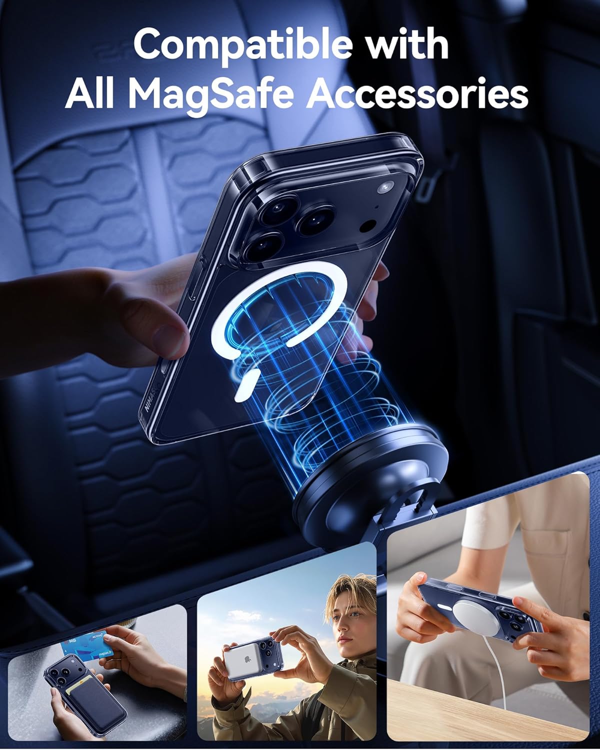 Clear magnetic phone case compatible with MagSafe accessories, with camera and cutouts