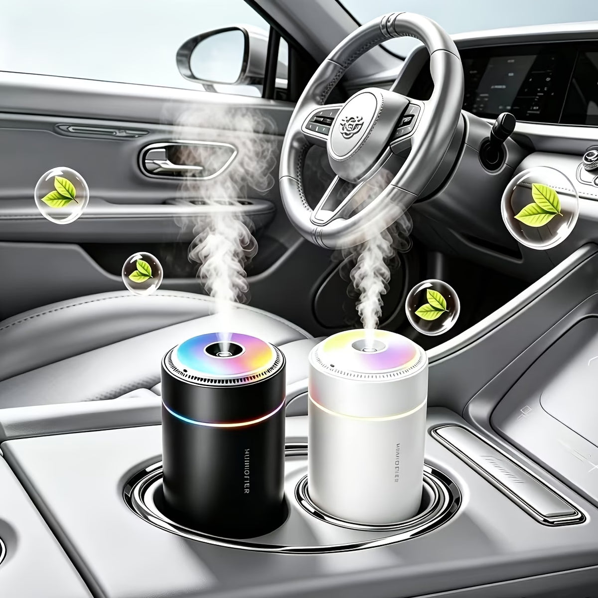 Two mini humidifiers (black and white) with rainbow LED tops on car console