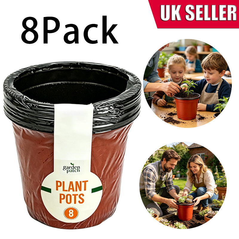 Pack of eight black and red plastic plant pots, garden patio label
