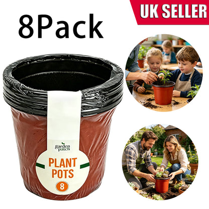 Pack of eight black and red plastic plant pots, garden patio label