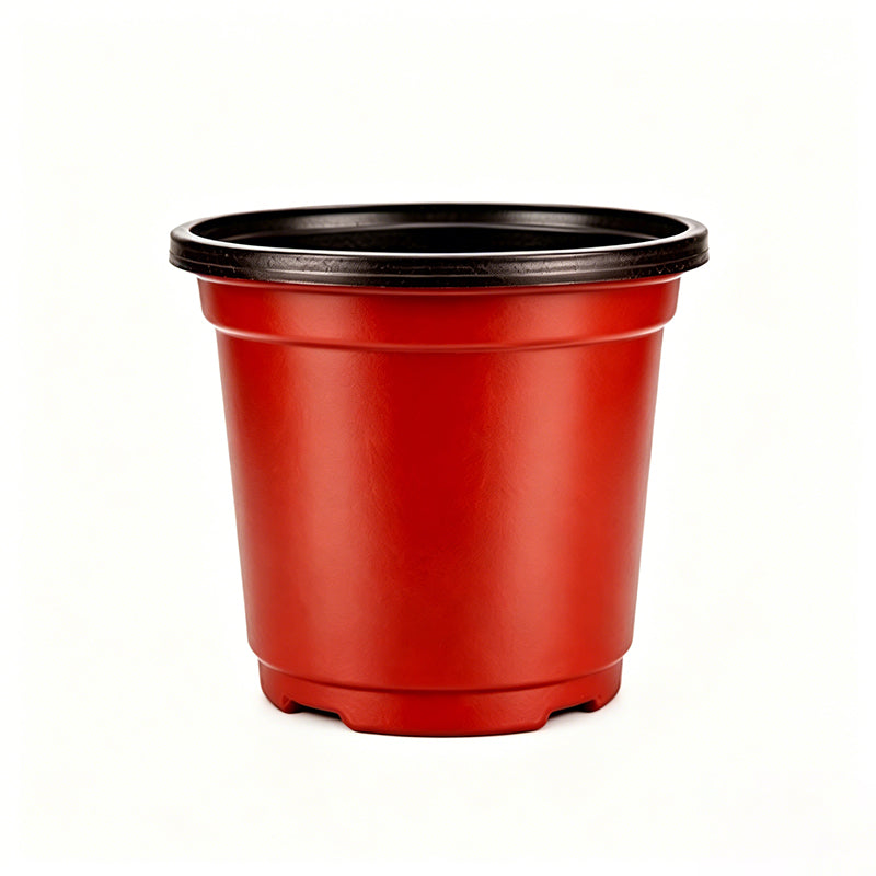 Red plastic plant pot with black rim and base