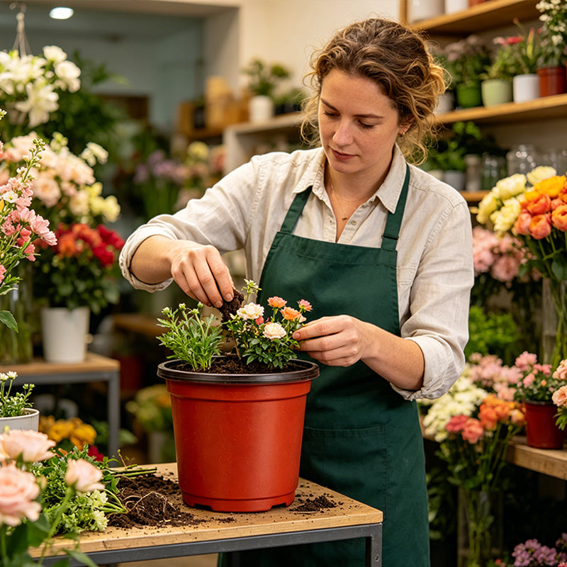 Red plastic plant pot with soil, held by gardener in a greenhouse