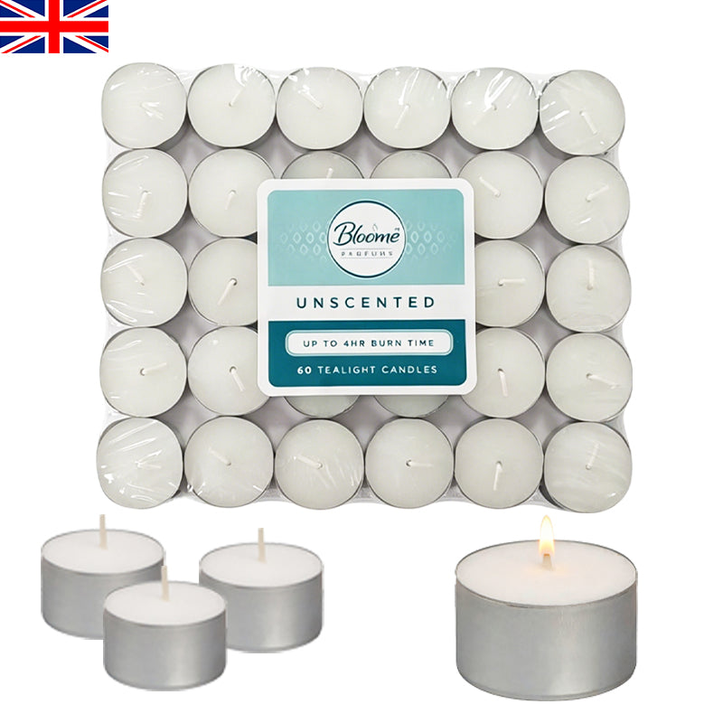 Unscented white tealight candles, 60 pack, in silver metal cups