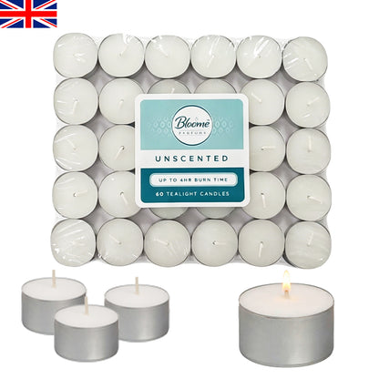 Unscented white tealight candles, 60 pack, in silver metal cups