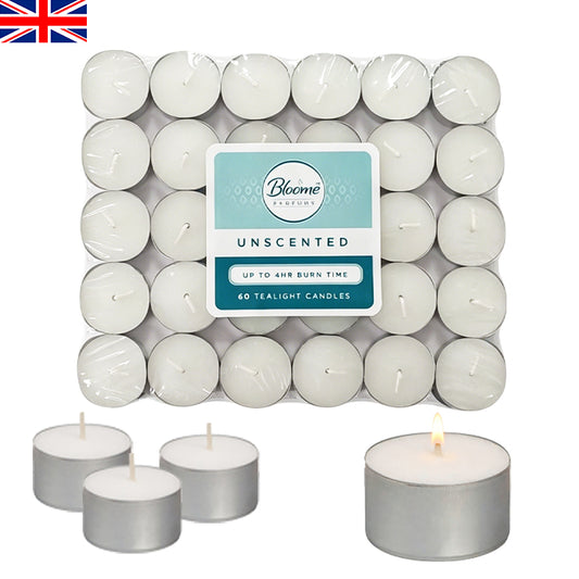 Unscented white tealight candles, 60 pack, in silver metal cups