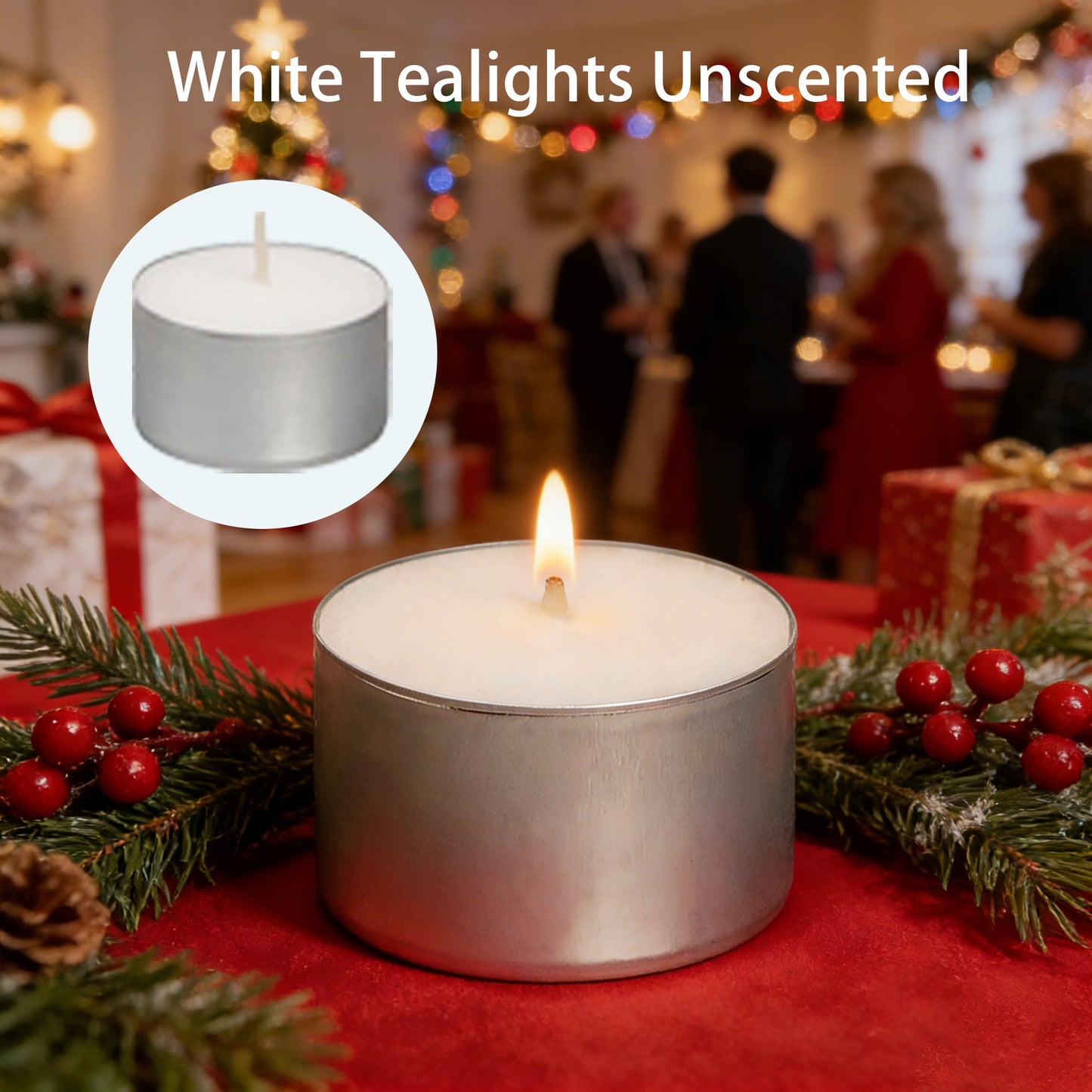 Lit unscented white tealight candle in silver metal cup with holiday decor