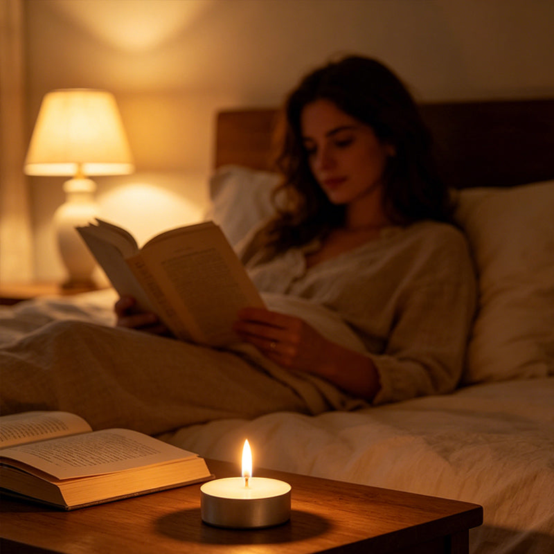 Lit unscented white tealight candle on wooden side table beside open book