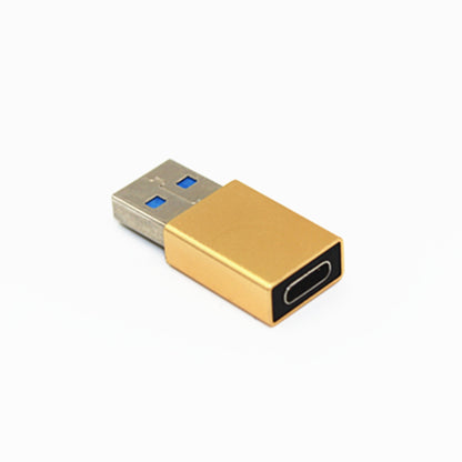 Gold USB-A male to USB-C female adapter, USB-C port on front