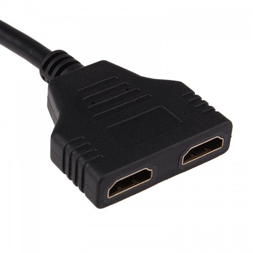HDMI 1-in to 2-out splitter adapter with two HDMI female ports, black cable