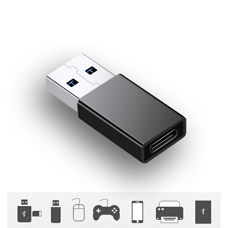 Black USB-C to USB 3.0 adapter, USB-A male plug and Type-C female port