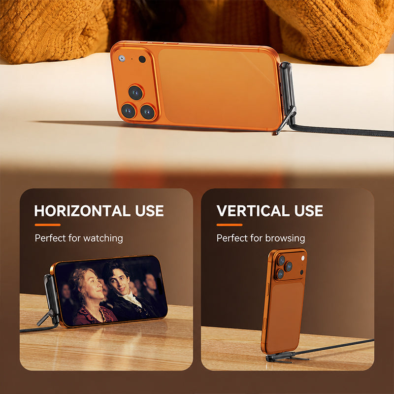 Foldable phone stand and USB-C cable in horizontal or vertical use
