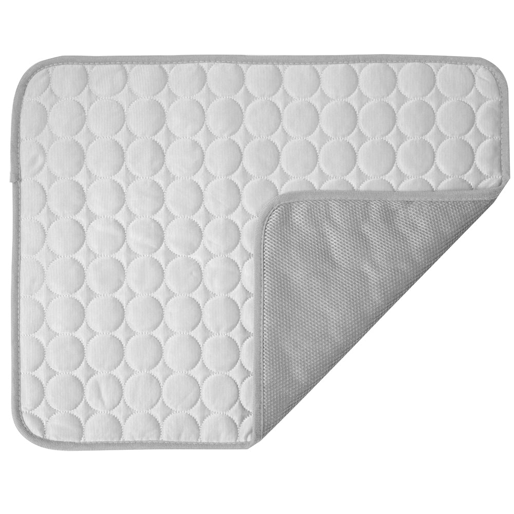 Light grey pet cooling mat with embossed circle pattern and padded edge detail.