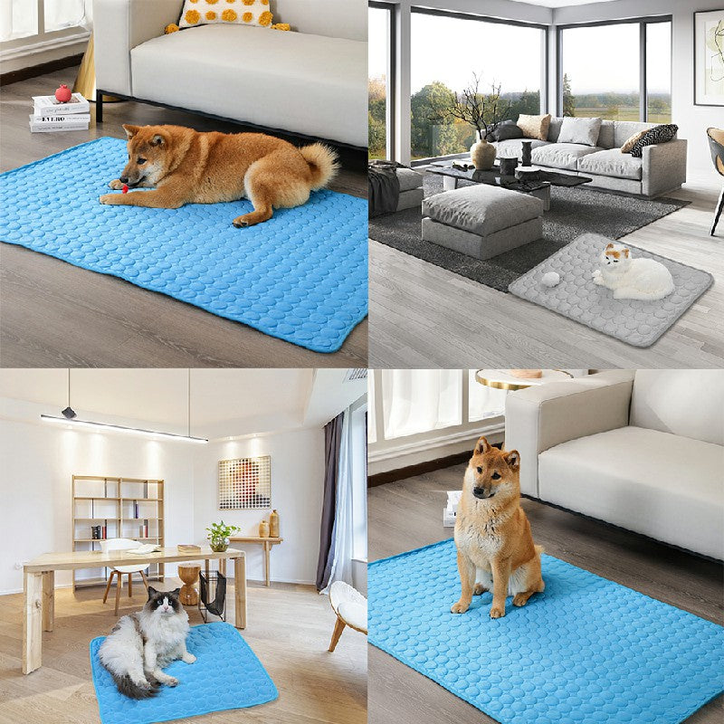 Blue cooling pet mat with raised texture, dog lying on it in a room.